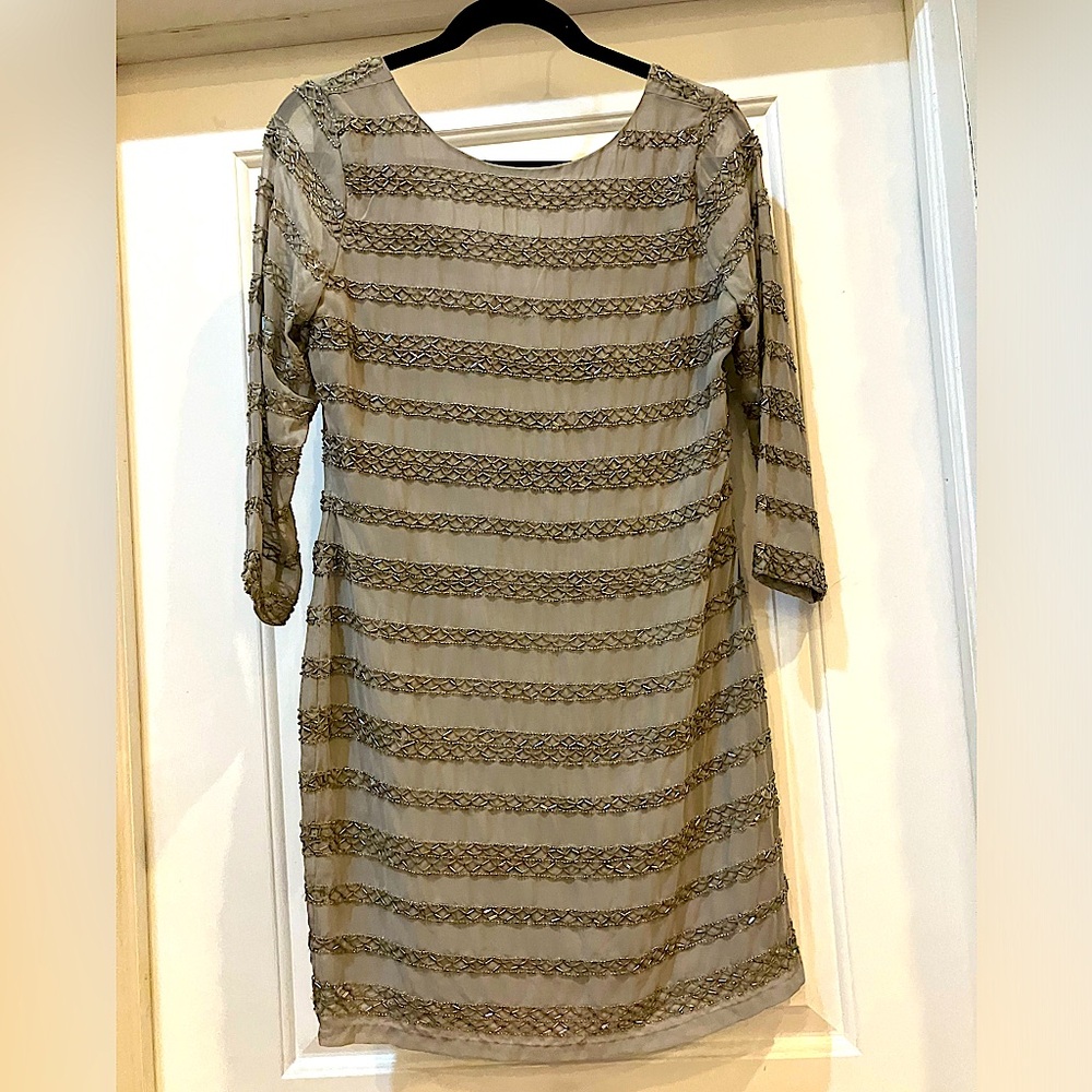Hand beaded slate grey sheer arms dress - S (size 00-4)